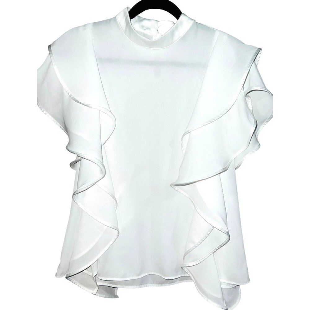 Marc New York Andrew Marc White Ruffled Short Sleeve Blouse Small